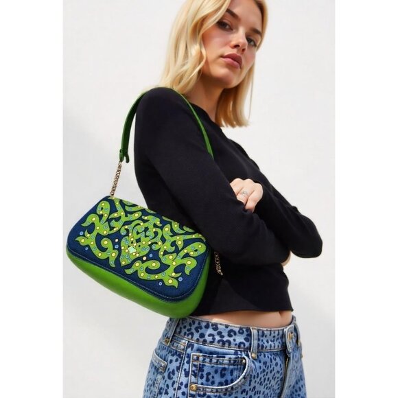 Bueno Gemstone Embellished Blue Green Denim Fabric Purse Tote Shoulder Bag - Picture 1 of 13